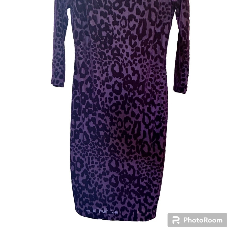 Cache Purple Leopard Y2K Velvet Bodycon Cocktail Dress 3/4 Mesh Sleeve Size 6 - Picture 4 of 16